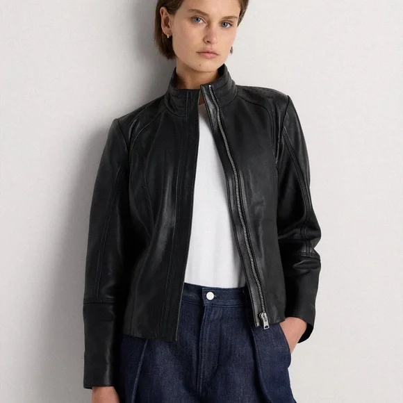 Quince Black 100% Leather Stand-Collar Jacket MEDIUM - Picture 2 of 4